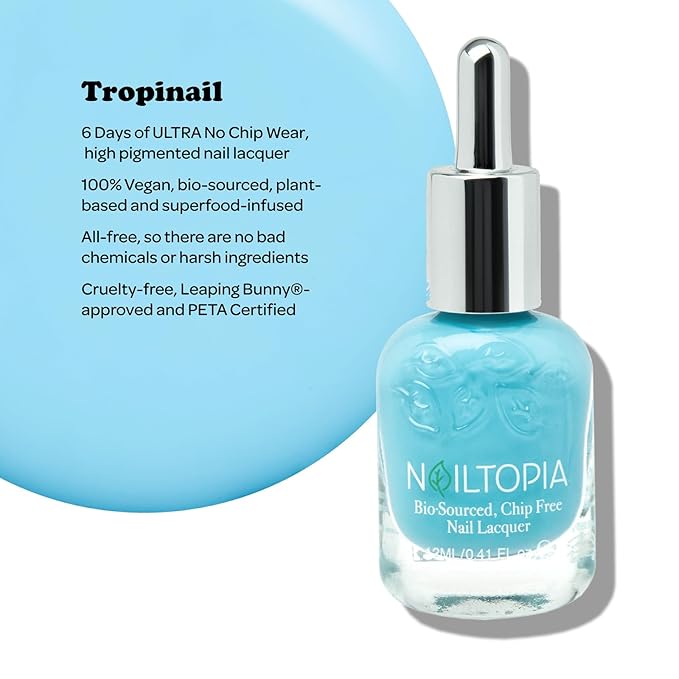 Nailtopia Bio-Sourced, Chip Free Nail Lacquer - All Natural, Strengthening Biotin and Superfood-Infused Polish - Chip Resistant Formula - Quick-Dry, Long Lasting Wear - Tropinail - 0.41 oz