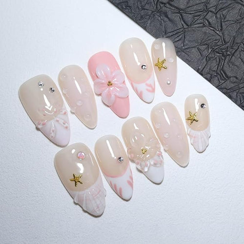 10 Medium Almond Handmade Press On Nails | Romantic Beach Nude Pink French Tip Fake Nails with 3D Floral, Starfish & Shell Texture | Easy Apply & Remove, Reusable Salon Quality Nails (5U11, M)