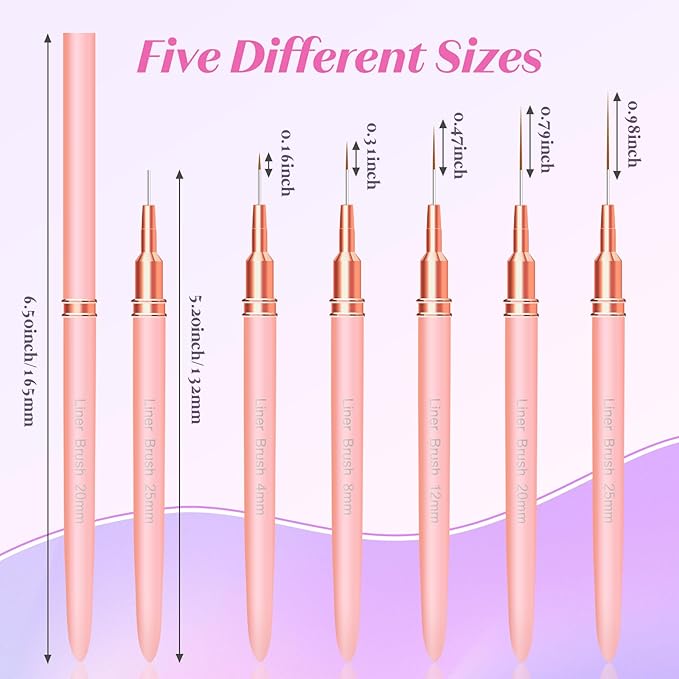 Liner Brush for Nails, 5Pcs Thin Nail Art Brushes Professional Nail Detail Brush for Gel Polish Sizes 4/8/12/20/25mm (Pink)