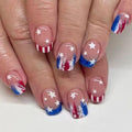 24Pcs Independence Day Press on Nails French Tip Fake Nails Short Square False Nails with Stripe Tip Designs Five-Pointed Star Stick on Nails Full Cover Reusable Acrylic Nails for 4th of July