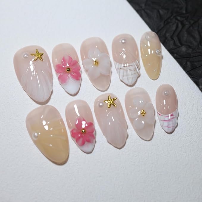 10 Short Almond Handmade Press On Nails | Coastal-Inspired 3D Floral & Starfish Nude & Pearl Accent False Nails,New styles | Skip Salon Trips, Easy to Apply & Remove, Reusable (251107, S)