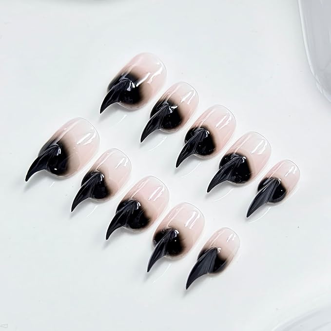 10 Pcs Stiletto Press on Nails Curved Medium Cat Claw Nails Press Ons Unique 3D Black French Tip Cat Claw Handmade Fake Nails Thick Gradient Designs Stick on Nail Glossy Acrylic Nail (S)