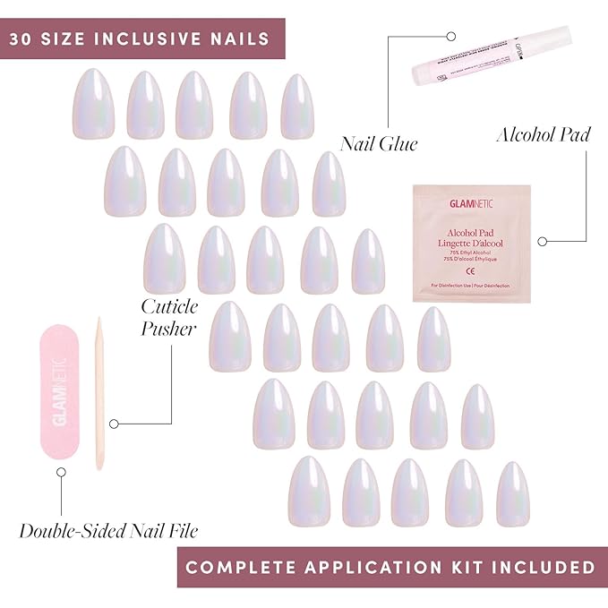 Glamnetic Press On Nails - Entranced | Short Almond White Holographic Fake Nails, Semi-Transparent, Salon Quality| 15 Sizes - 30 Nail Kit with Glue