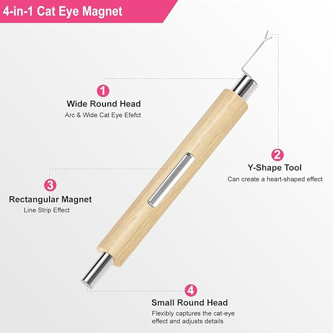 4-in-1 Cat Eye Nail Magnet Tool with Heart Shape, Magnetic Nail Art Pen Stick for 3D Cat Eye Gel Polish, DIY Nail Art Design, Salon and Home Manicure Supplies