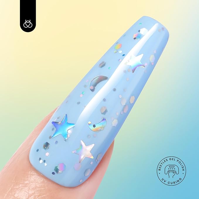 beetles 2 In 1 Silver Glitter Top Coat, 15 ML No wipe Stars Moon Halo Top Coat Soak Off UV Uv Led Gel Nail Polish Long Lasting Highly Shine Manicure Art Decoration Supplies
