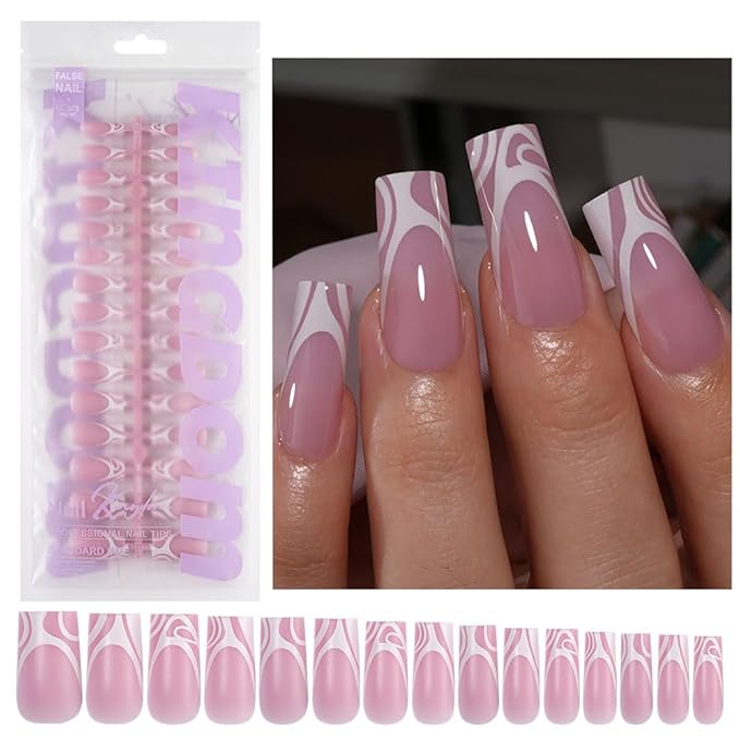 120 Pcs Medium Square Press on Nails French Tip Fake Nails with Irregular Stripe Design Full Cover Matte Stick on False Nails for Women 15 Sizes