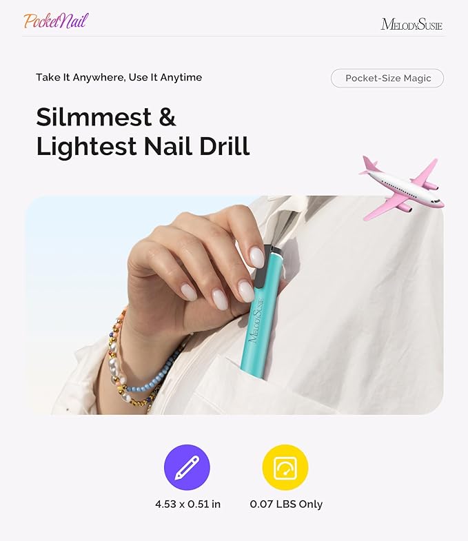 MelodySusie PocketNail Slim Ergonomic Pen-Shaped USB Nail Drill, PC100G 20000RPM Portable Electric File for All Manicure, Pedicure Nail Care, Shaping & Gel Removal at Home for Beginners