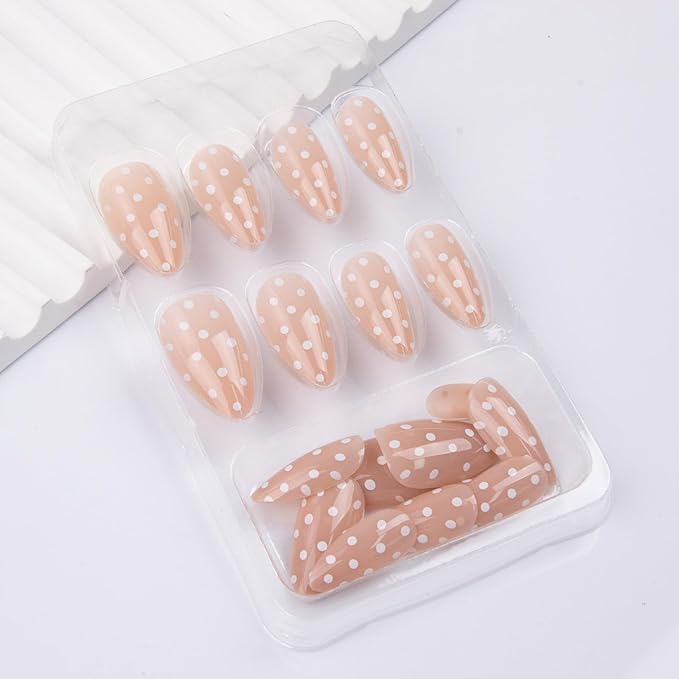 Polka Dot Press on Nails Almond Medium Fake Nails Nude Natural False Nails Glossy Cute Glue on Nails Reusable Acrylic Nail for Women Manicure 24Pcs