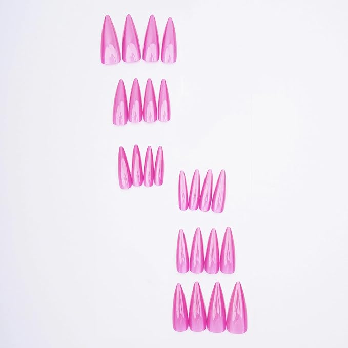 MISUD Press on Nails - Long Stiletto Fake Nails, Acrylic Summer Pink Cat Eye Design 24 pcs