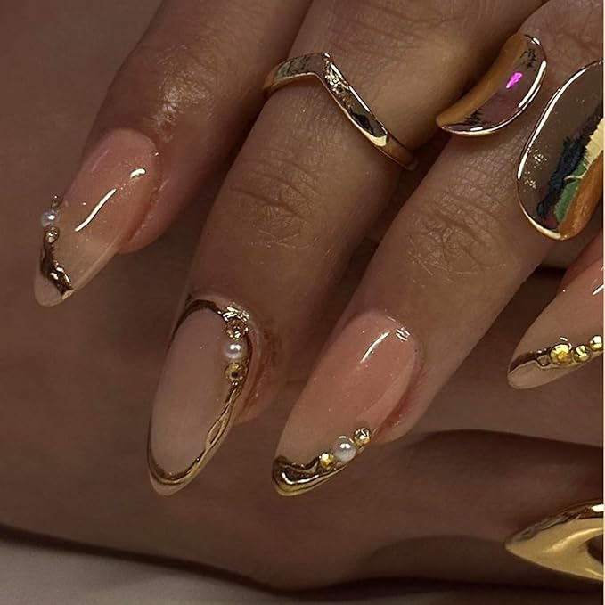 24Pcs Chrome Gold Press on Nails Medium Almond Fake Nails French Tip Full Cover Glue on Nails with Pearls Rhinestones Design False Nails Glossy Reusable Acrylic Nails for Women Girls DIY Decoration