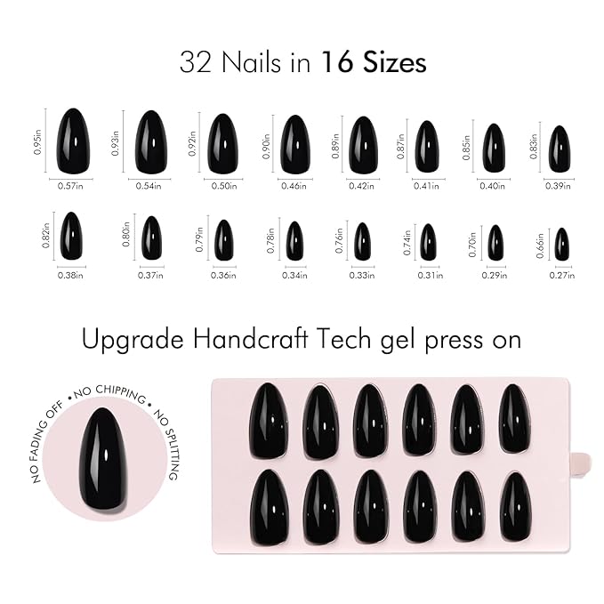 VSALON Press on Nails Medium Almond - Glossy Black Nails for Women, Reusable Solid Opaque Gel Salon Quality Fake Nails with Glue & Cuticle Oil - 32 PCS Glue On Nails in 16 Sizes