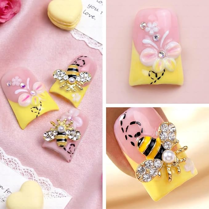 10 Pieces Luxury Acrylic Press On Nails Short Handmade Duck Nails, Butter Yellow Thickened False French Nails, Sugar Crystal Rhinestones, Floral Bee Charms, Reusable Acrylic Nails (L)