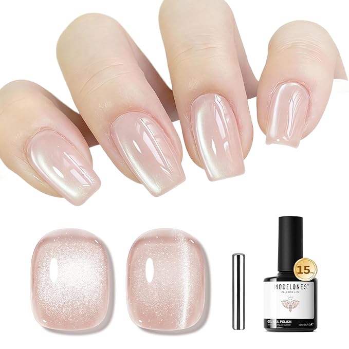 modelones Cat Eye Gel Nail Polish Nude Gel Polish Glass Shimmer Glitter with Magnet Silk Cat Eye Holographic Reflective Soak Off LED Valentine Nail Art Manicure 15ML