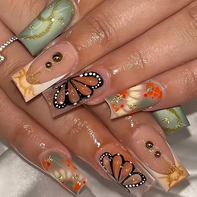 Press on Nails Medium - Square Fake Nails with Butterfly, Gold Stripes Design - Rhinestone, Stick on False Nails for Women 24 Pcs