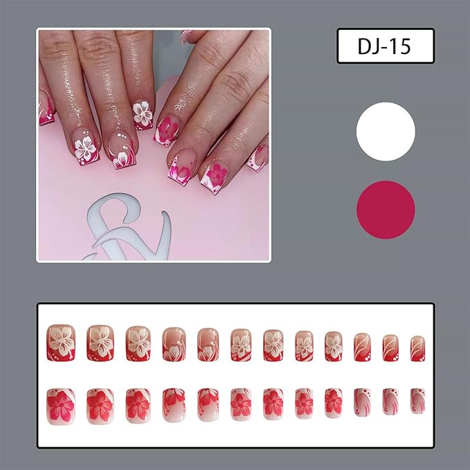 Pink White French Tip Press on Nails Flower Fake Nails Short Square False Nails Spring Summer Glue on Nails Full Cover Artificial Stick on Nails for Women Girls DIY Manicure Salon 24Pcs