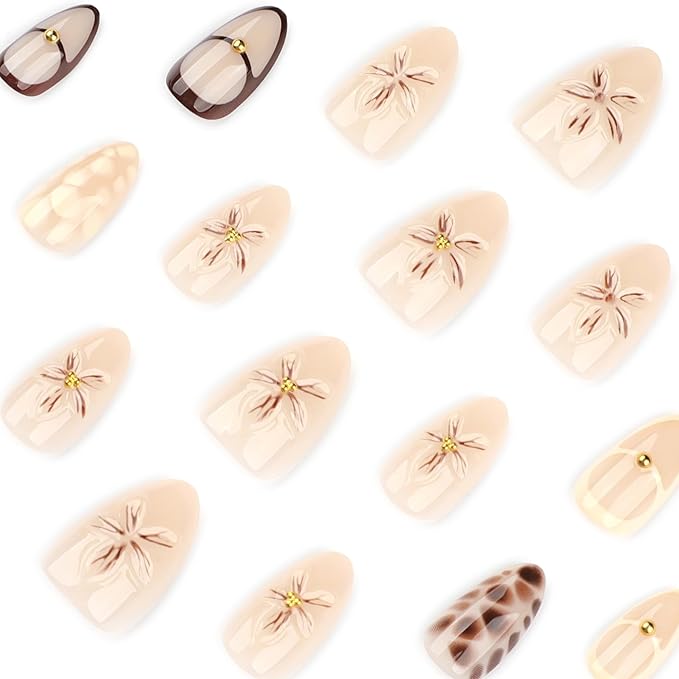 Short Almond Press on Nails - Flower Fake Nails with Brown Crack Design - Fall Glossy Full Cover Stick on Nails - for Women Manicure 24 Pcs