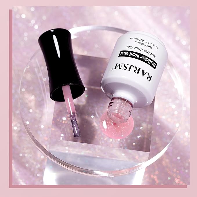 RARJSM Glitter Rubber Base Gel Nail Polish Shimmer Rubber Base for Nails Brush on Quick Extend Builder Hard Gel Soak Off Curing Requires 15ml Salon Home French Manicure(Nude Pink Rainbow)