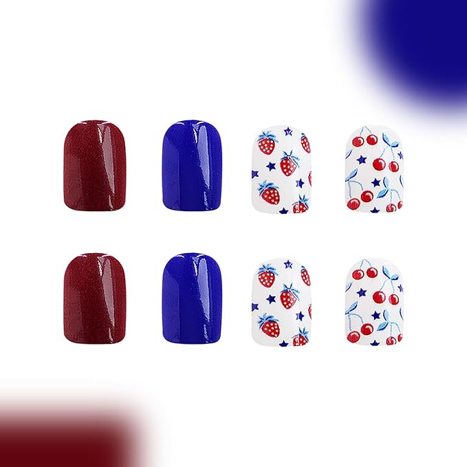 4th of July Press on Nails Short Square Fake Nails with America Flag Design Patriotic Pattern False Nails Strawberry Cherry Stick on Nails Glossy Acrylic Press on Nails for Independence Day 24Pcs