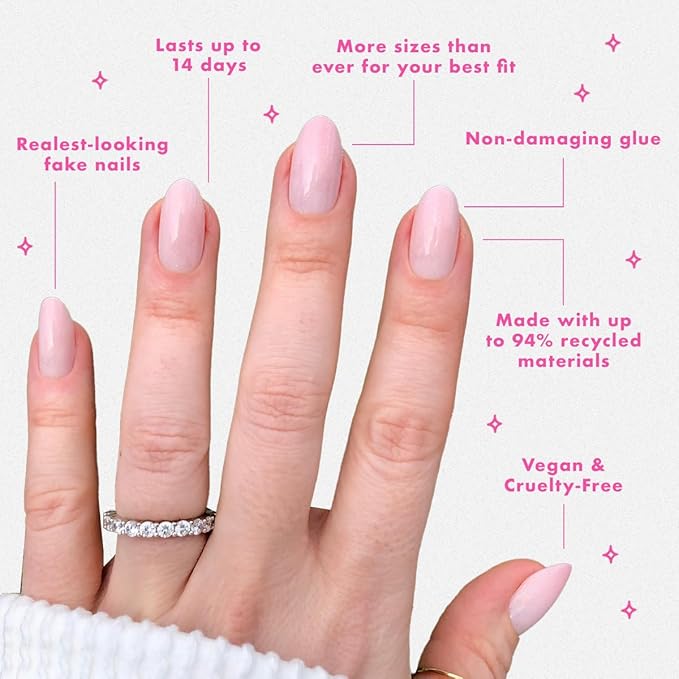 Olive & June Mani Minimalist Instant Press-On Nails (Glue) | 42 Fake Nails, 21 Sizes | Non-Toxic, Long-Lasting Barely-There Look | Spring Flowers & Patterns | Medium, Oval | Rose Gradient Shimmer