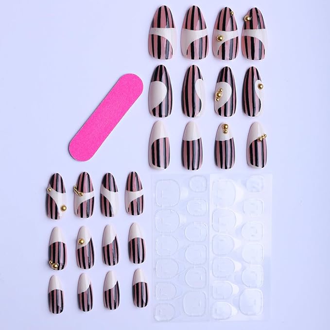Long Almond Press on Nails Nude Pink and White Black Stripes Fake Nails with Gold Stick on Nail for Women 24pcs