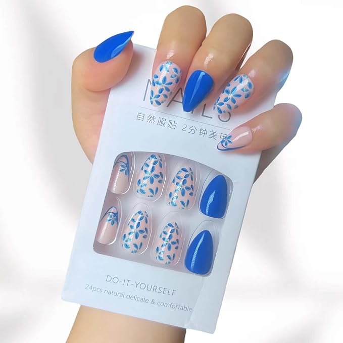 Valentine Blue Short Almond French Press on Nails Flower Pattern Fake Nails DIY for Women and Girls Daily and Party Use Can Glue on Nails Blue Full Cover Acrylic Stick on Nails 24 Pcs Kit