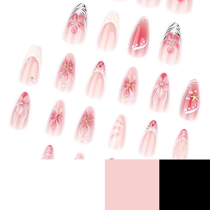 Almond Press on Nails Medium - French Tip Fake Nails with 3D Flower Rhinestone Design - Pearl False Nails Press Ons- for Women Manicure 24 Pcs