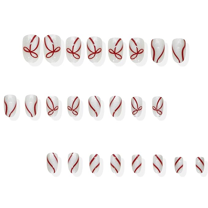Christmas Press on Nails Short Oval MABKJLF Fake Nails False Nails with Bow Stripes Pearlescent Designs Glossy Glue on Nail Winter Full Cover Acrylic Nails for Women Girls 24Pcs