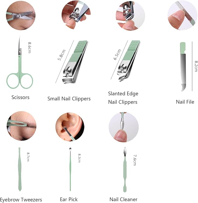 Nail Clipper Set, 7PCS Manicure Set Fingernail Clippers Kit Fashion Color Green Stainless Steel Pedicure and Manicure Kit with Green PU Leather Case