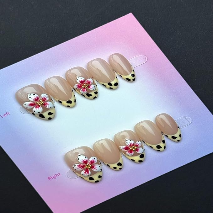 100% Handmade Press on Nails Medium Almond Handmade Nails with Pink Flower Charm Design Leopard Prints French Tip Fake Nails Glossy Skin Tone Nail Press ons Spring Summer Nail for Women Size L 10Pcs