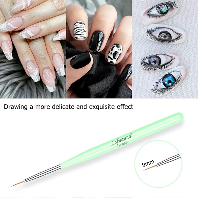 Lofuanna Art Liner Brushes Set 5PCS - UV Gel Polish Painting Acrylic Brushes for Nail Design - Drawing Pens for Home Use and Professional Salon - Sizes 7/9/11/15/20mm