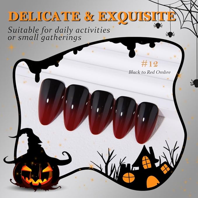 evpct Press on Nails Short Almond Ombre Design, Black to Blood Red Ombre Glossy Artificial Acrylic Fake Nails Reusable with Kit, Perfectly Fit Stick on Full Cover Soft Stick on False Nail for Women