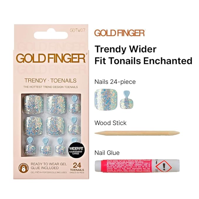 GoldFinger Press On Toenails Kit Wider Fit, Shine Glazed Glitter Metallic Sprinkle Color Fake Toenail, Ready to Wear Gel & Manicure Stick, Mini Glue included, Long-Lasting Convenient & Easy to Apply