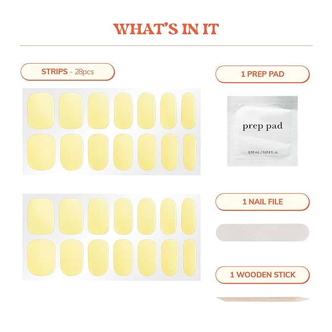 Heyhae Semi Cured Gel Nail Strips | No LED Lamp Needed | Solid, Yellow | Easy Apply & Remove, Salon Quality | Includes 28 Strips, 1 Prep Pads, Nail File & Wooden stick - Hey, Butter Me Up