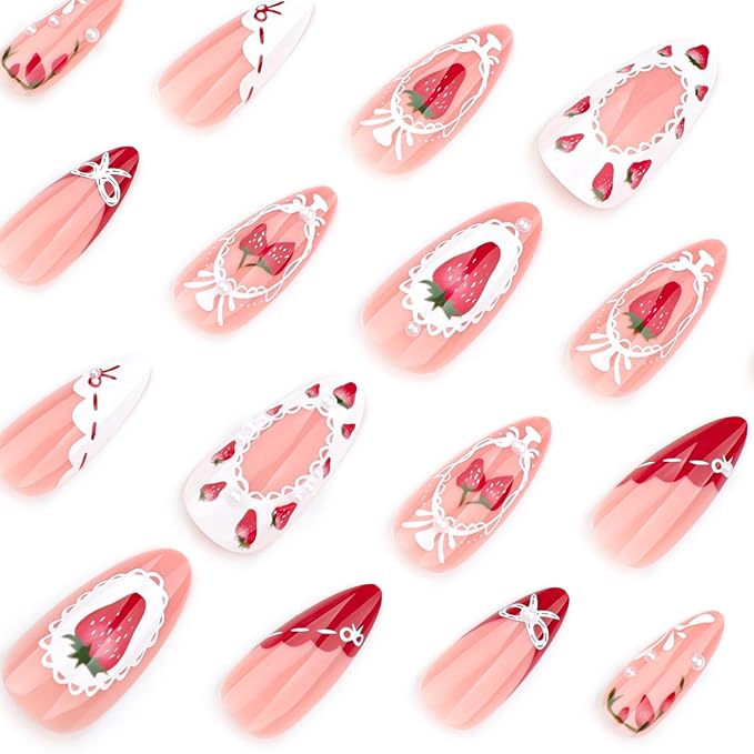 24Pcs Cute Strawberry Press on Nails Medium Almond Fake Nails with 3D Pearl Designs Stick on Nails Bow False Nails Summer Acrylic Nails Sweet Lace Glue on Nails for Women Nail Decoration Supplies