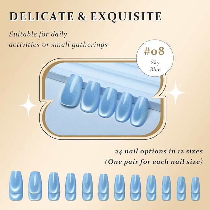 evpct Sky Blue Cat Eye Coffin Press on Nails Square Medium, Medium Square Stick on Nail for Women Gift, Sky Blue Metallic Glitter Glossy Reusable Summer Soft Gel Press on Acrylic Fake Nail with Design