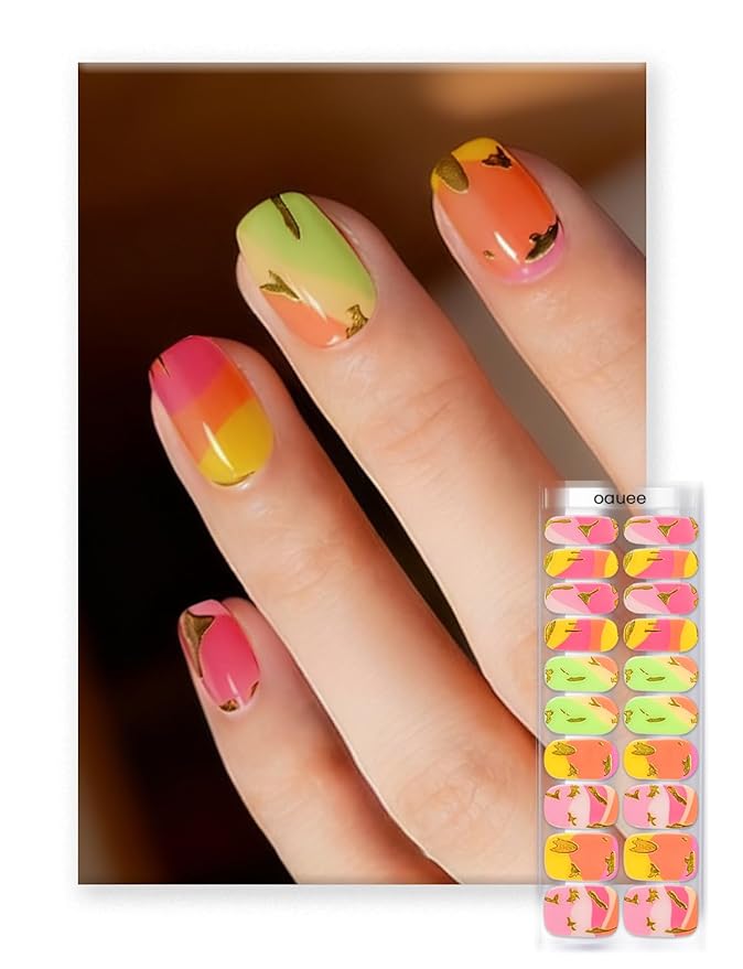 Semi Cured Gel Nail Strips | Built-In Gel Top Coat | UV Light Required | Salon Quality, Easy Application And Removal (Gilded Tropical）