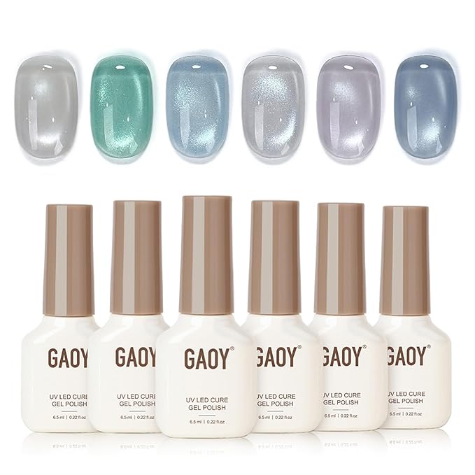 GAOY Cat Eye Gel Nail Polish Set with Magnet, 6Pcs Silver Blue Green Icy Summer Holographic Cat Eye, Reflective Translucent UV Gel, Sea Splash