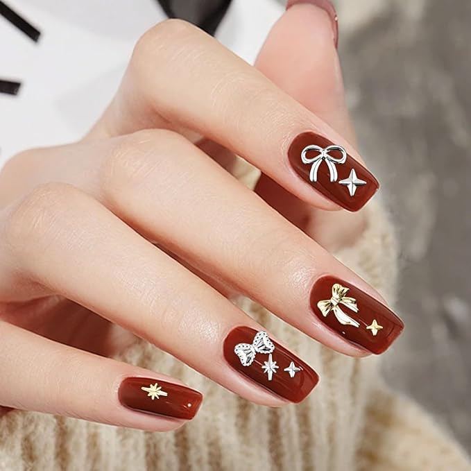 Gold Silver 3D Nail Charms, 2Boxes 24Grids Bow Star Nail Gems Nail Studs,Punk Metal Alloy Rivet Stickers Bowknot Nail Art Decorations Accessories for Nail Art Design DIY Crafts (Gold Silver A)