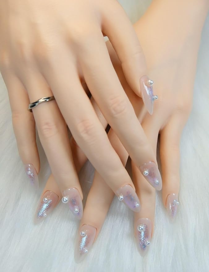 Press On Nails Short Round Fake Nails Handmade False Nails Pink Silver Glitter Powder Pearl Nail Charms With Designs,Acrylic Nail Kit Gel Nails,Reusable Stick on Nails for Women 10pcs M