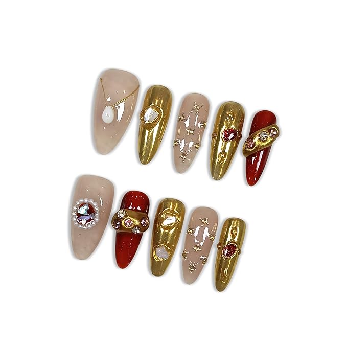 Almond Press On Nails, Handmade Soft Gel Luxury Jewel Tone Fake Nails with Vintage Gold Accents & Pearl Embellishments, Elegant Reusable False Nails 10PCS Kit (Size L)