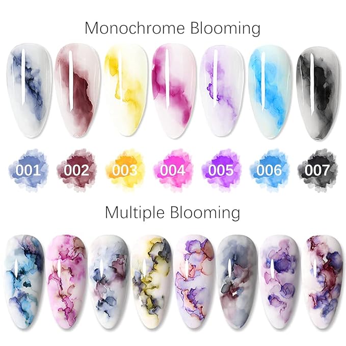 Blooming Nail Polish Watercolor Ink Marble Nail Art Blossom Effect Manicure for Spreading Marble Effect 8 Colors 7ml(0.25fl oz)