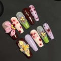 10 Pcs Coffin Press On Nails Handmade Fake Nails 5D Flower Charms With Design Long False Nails Full Cover Acrylic Artificial Reusable Stick On Nail For Women (SIZE: Large)