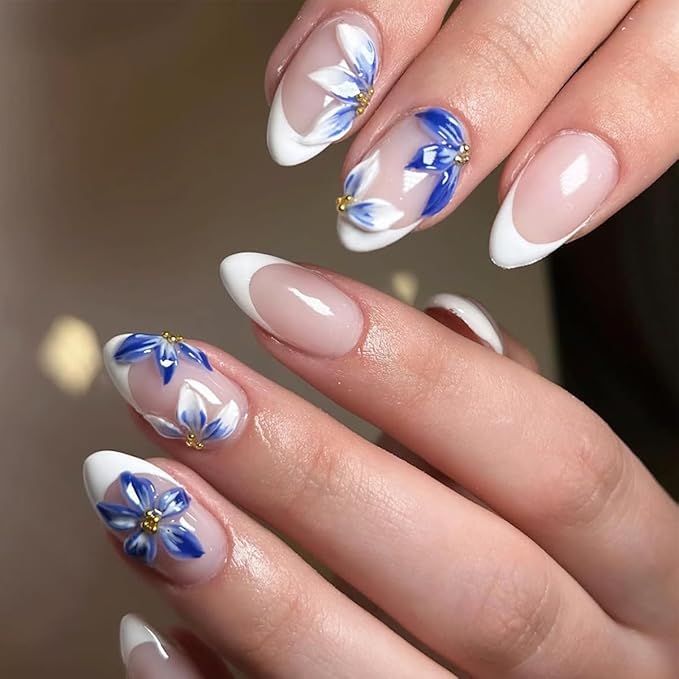 24Pcs White French Tip Press on Nails Short Almond Fake Nails with 3D Gold Beads Designs Blue Flower Acrylic Nails Glossy Full Cover False Nails Spring Glue on Nails Floral Artificial Nails for Women