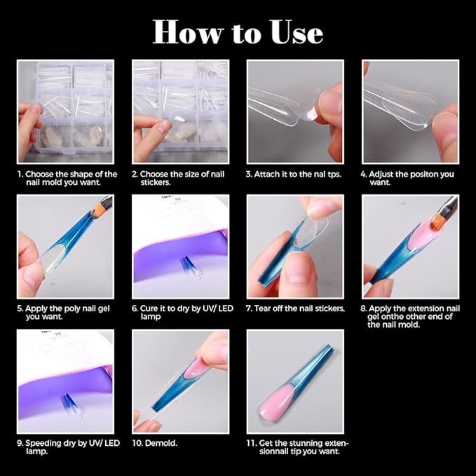 Nail Dual Forms for Poly Gel, 288PCS French Nail Forms, 8 Shapes, 12 Sizes Clear Poly Gel Nail Molds for DIY Nails Extension Kit for Salon-Quality Manicures at Home