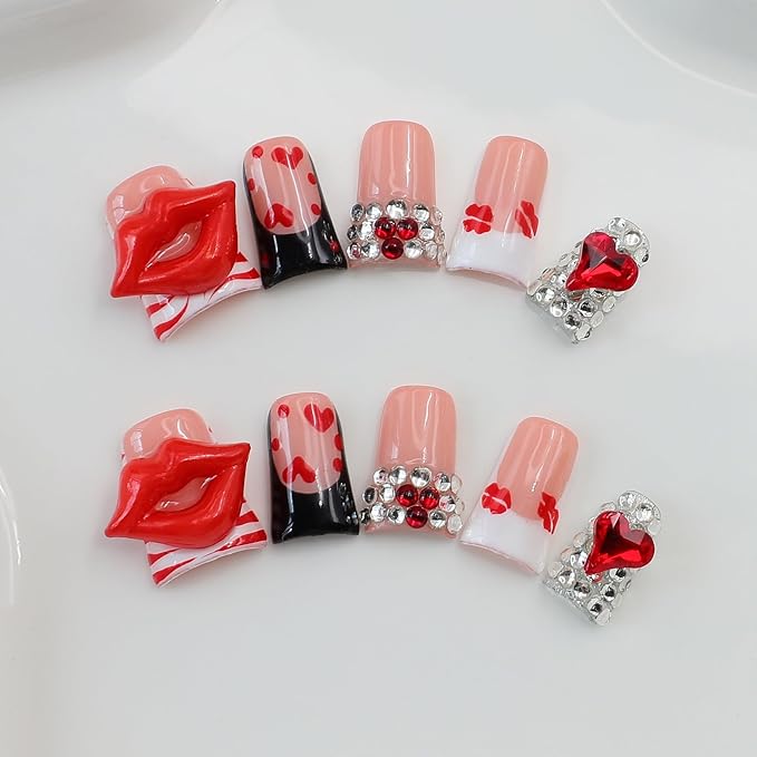 10Pcs Valentines Duck Press on Nails Handmade French Tip Press on Nails Short Duck Fake Nails Valentines False Nails with 3D Red Lips Heart Rhinestone Design Artificial Glue on Nail for Women (M)