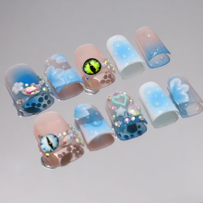 Handmade Nails Thick Press on Nails Medium Duck Nails Blue Fake Nails with Gem Design Reusable Acrylic Nails with Glue 3D Flower Art Nature Stick on Nail Luxury False Nails for Wome (Size M)
