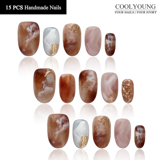 Press On Nails - Luxury Medium Almond 3D False Nails Women Reusable Acrylic Material Finger Printed Nail Tip French Salon Design Artificial Fingernail 15 PCS Handmade Nails, Size S