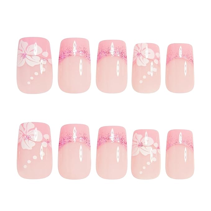 Press on Nails Square - Medium Fake Nails with flower Design - Pink French, Glitter, Spring False Nails for Women 24 Pcs