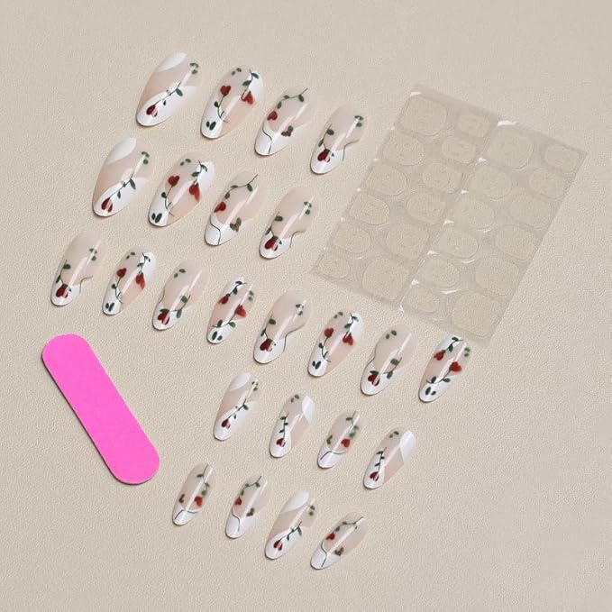 Almond Press on Nails French Tip Fake Nails with Heart Leaf False Nails Glossy Valentine's Day Glue on Nails Medium Spring Acrylic Artificial Stick on Nail for Women Girls 24Pcs