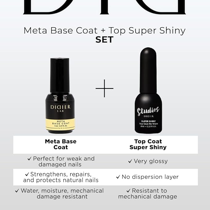 Didier Lab - Premium Gel Nail Polish Kit - Base Coat Nail Polish Meta- Super Shiny No Wipe Gel Top Coat - Clear Nail Polish Gel -LED UV Gel Polish Set - Gel Top and Base Coat - Soak Off Gel Polish Kit